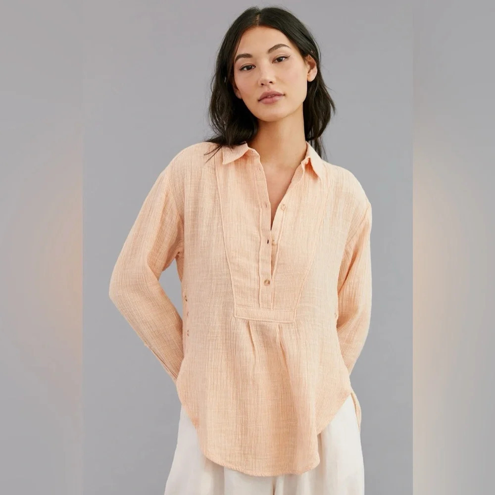 Anthropologie V-Neck Popover Cotton Long Sleeve Shirt in Orange Sz S